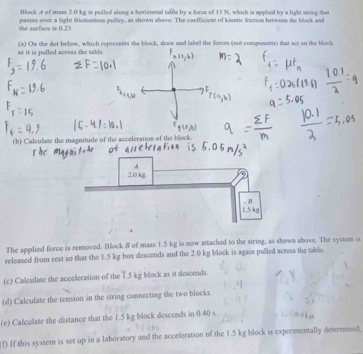 Block A of mass 2.0 kg is pulled along a horizontal table by a force of 15 N, which is applied by a light string that 
passes over a light frictionless pulley, as shown above. The coefficient of kinetic friction between the block and 
the surface is 0.25
(a) On the dot below, which represents the block, draw and label the forces (not components) that act on the block 
as it is pulled across the table. 
(b) Calculate the magnitude of the acceleration of the block 
The applied force is removed. Block B of mass 1.5 kg is now attached to the string, as shown above. The system is 
released from rest so that the 1.5 kg box descends and the 2.0 kg block is again pulled across the table 
(c) Calculate the acceleration of the 1.5 kg block as it descends. 
(d) Calculate the tension in the string connecting the two blocks. 
(e) Calculate the distance that the 1.5 kg block descends in 0.40 s. 
(f) If this system is set up in a laboratory and the acceleration of the 1.5 kg block is experimentally determined,