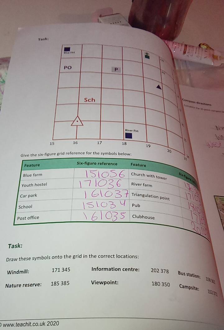 Task: 
., 
PO 
P 
Sch 
Compess directions Copdata te Su paln compa la 
River FM
15 16 17 18 19
20
Give the six-figure grid reference for the symbols below: 
3 
Feature Six-figure reference Feature 
Blue farm 
Church with tower 
Sx-figara 
Youth hostel River farm 
Car park 
Triangulation point 
School 
Pub 
Post office 
Clubhouse 
Task: 
Draw these symbols onto the grid in the correct locations: 
Windmill: 171 345 Information centre: 202 378 Bus station: 15
Nature reserve: 185 385 Viewpoint: 180 350 Campsite:
15237
www.teachit.co.uk 2020