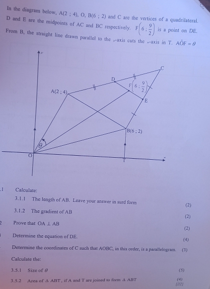 In the diagram below, A(2;4),O,B(6;2) and C are the vertices of a quadrilateral.
D and E are the midpoints of AC and BC respectively. F(6: 9/2 ) is a point on DE.
.1 Calculate:
3.1.1 The length of AB. Leave your answer in surd form (2)
3.1.2 The gradient of AB (2)
, Prove that OA⊥ AB
(2)
Determine the equation of DE. (4)
Determine the coordinates of C such that AOBC, in this order, is a parallelogram. (3)
Calculate the:
3.5.1 Size of θ (5)
(4)
3.5.2 Area of △ ABT , if A and T are joined to form △ ABT [22]