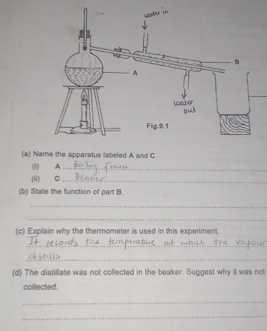 Name the apparatus labeled A and C. 
(i) A_ 
(ii) C_ 
(b) State the function of part B. 
_ 
_ 
(c) Explain why the thermometer is used in this experiment. 
_ 
_ 
(d) The distillate was not collected in the beaker. Suggest why it was not 
collected. 
_ 
_