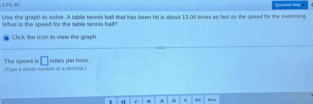 1.1.PS-36 Question Help 
Use the graph to solve. A table tennis ball that has been hit is about 13.06 times as fast as the speed for the swimming. 
What is the speed for the table tennis ball? 
Click the icon to view the graph. 
The speed is miles per hour. 
(Type a whole number or a decimal.) 
. □  □ /□   8° □ sqrt(□ ) sqrt[3](□ ) 1, More