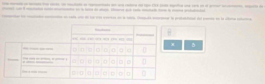 Una moneza es laszeda tres veces. Un resultado es representado por una cadena del (po CXX (esto eignífica una vera en el primer lantamento, seguido de 
cruves). Los 8 resdtatas están ensmenstos en la tabla de abajo. Observe que cada ressitado tane la mema probabildad 
Compróbar l coulados comidos en cada uno de los tres eventos en la tabía. Después incorporar la probablilidad del evento en la última columna