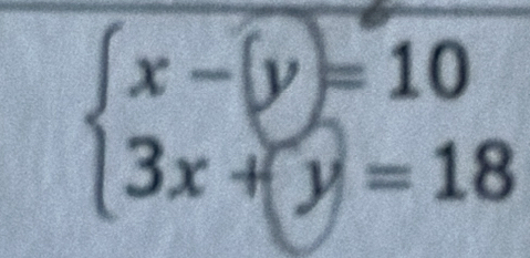 beginarrayl x-(y=10 3x+y=18endarray.