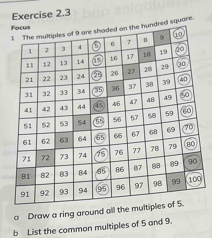 quare. 
a Draw a ring around all the m 
b List the common multiples of 5 and 9.