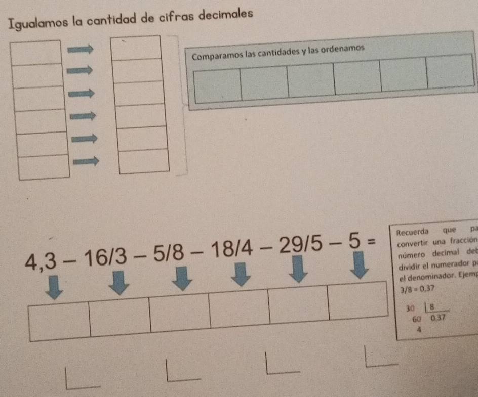 Igualamos la cantidad de cifras decimales
Comparamos las cantidades y las ordenamos
4,3-16/3-5/8-18/4-29/5-5= Recuerda que pa
convertir una fracción
número decimal del
dividir el numerador p
nador. Ejem