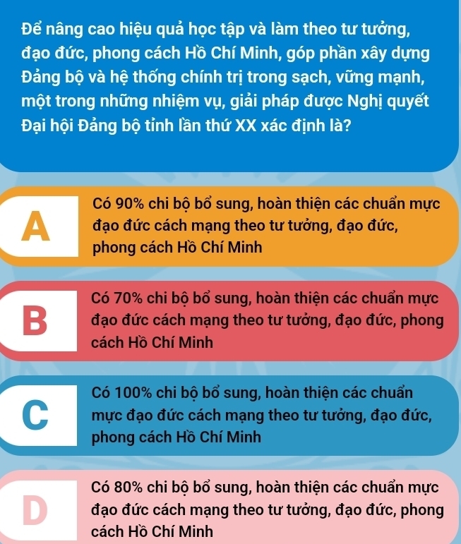 Để nâng cao hiệu quả học tập và làm theo tư tưởng,
đạo đức, phong cách Hồ Chí Minh, góp phần xây dựng
Đảng bộ và hệ thống chính trị trong sạch, vững mạnh,
một trong những nhiệm vụ, giải pháp được Nghị quyết
Đại hội Đảng bộ tỉnh lần thứ XX xác định là?
Có 90% chi bộ bổ sung, hoàn thiện các chuẩn mực
A đạo đức cách mạng theo tư tưởng, đạo đức,
phong cách Hồ Chí Minh
Có 70% chi bộ bổ sung, hoàn thiện các chuẩn mực
B đạo đức cách mạng theo tư tưởng, đạo đức, phong
cách Hồ Chí Minh
Có 100% chi bộ bổ sung, hoàn thiện các chuẩn
C mực đạo đức cách mạng theo tư tưởng, đạo đức,
phong cách Hồ Chí Minh
Có 80% chi bộ bổ sung, hoàn thiện các chuẩn mực
D đạo đức cách mạng theo tư tưởng, đạo đức, phong
cách Hồ Chí Minh