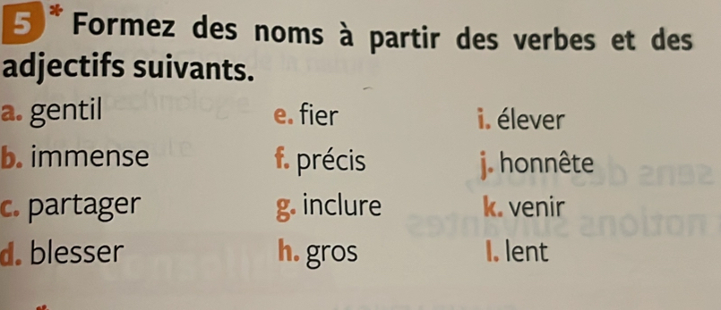 Formez des noms à partir des verbes et des 
adjectifs suivants. 
a. gentil e. fier i. élever 
b. immense f. précis j. honnête 
c. partager g. inclure k. venir 
d. blesser h. gros I. lent