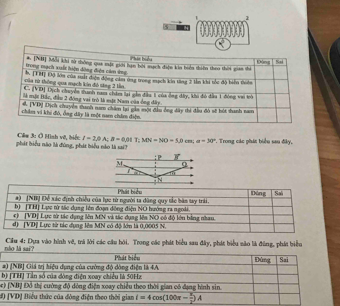 1
2
S
Câu 3: Ở Hình vẽ, biết: I=2,0A;B=0,01T;MN=NO=5,0cm;alpha =30° *. Trong các phát biểu sau đây,
phát biểu nào là đúng, phát biểu nào là sai?
Câu 4: Dựa vào hình vẽ, trả lời các câu hỏi. Trong các phát biểu sau đây, phát biểu nào là đúng, phát biểu
nào là sai
b
c
d