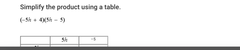 Simplify the product using a table.
(-5h+4)(5h-5)