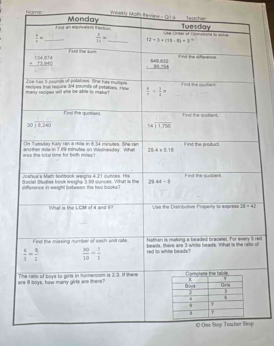 Name:
Weekly Math Review - Q1:6
ed
f