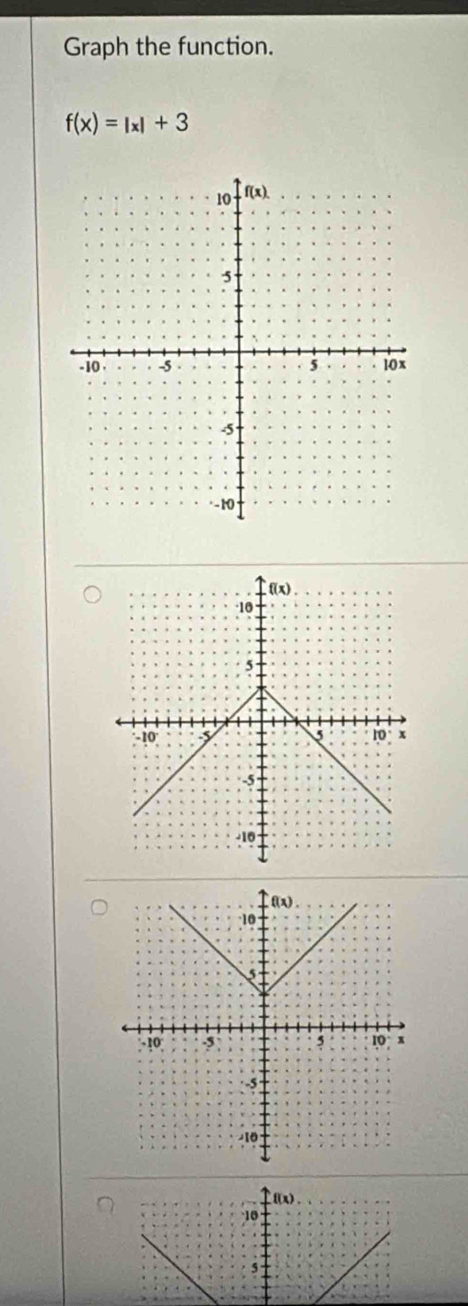 Graph the function.
f(x)=|x|+3