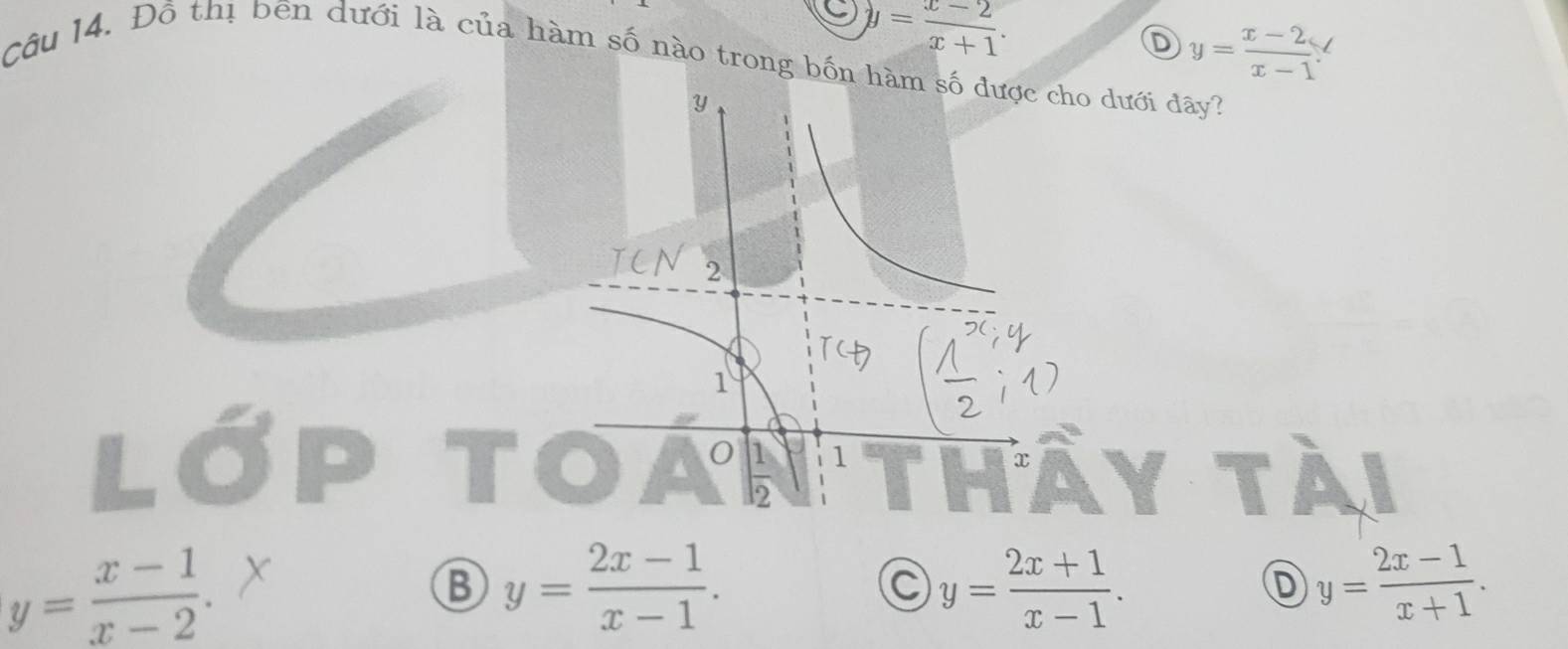 y= (x-2)/x+1 .
Câu 14. Đồ thị bēn dưới là của hàm số nào trong bốncho dưới đây? y= (x-2)/x-1 
D
/
.
TÀI
y= (x-1)/x-2 .
B y= (2x-1)/x-1 .
C y= (2x+1)/x-1 .
D y= (2x-1)/x+1 .