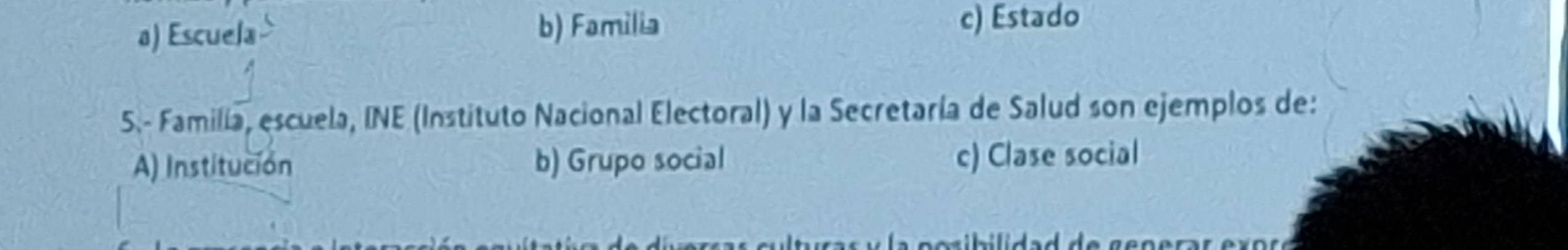 a) Escuela b) Familia
c) Estado
5.- Familia, escuela, INE (Instituto Nacional Electoral) y la Secretaría de Salud son ejemplos de:
A) Institución b) Grupo social c) Clase social