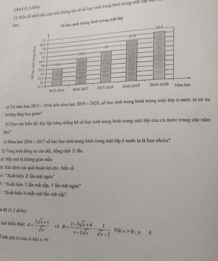 (1,5 điểm) 
1) dưới đây cho biết thông tin về số học sinh trung bình trong một lớp lộ 
học. 
a) Từ năm học 2015 - 2016 đến năm học 2019 - 2020, số học sinh trung binh trong một lớp ở nước ta có xu 
hưởng tăng hay giảm? 
b) Dựa vào biểu đồ, hãy lập băng thống kê số học sinh trung bình trong một lớp của cả nước trong các năm 
học? 
c) Năm học 2016 - 2017 số học học sinh trung bình trong một lớp ở nước ta là bao nhiêu? 
2) Tung một đồng xu cân đối, đồng chất 2 lần. 
a) Hãy mô tả không gian mẫu 
b) Xác định các quả thuận lợi cho biển cố 
M: 'Xuất hiện 2 lần mặt ngửa”' 
3 : ''Xuất hiện 1 lần mặt sắp, 1 lần mặt ngừa” 
*: ''Xuất hiện ít nhất một lần mặt sắp''. 
u 11 (1,5 điểm) 
* hai biểu thức: A= (2sqrt(x)+1)/sqrt(x)  và B= (x-3sqrt(x)+4)/x-2sqrt(x) - 1/sqrt(x)-2  Với x>0; x 4 
Tinh giá trị của A khì x=9