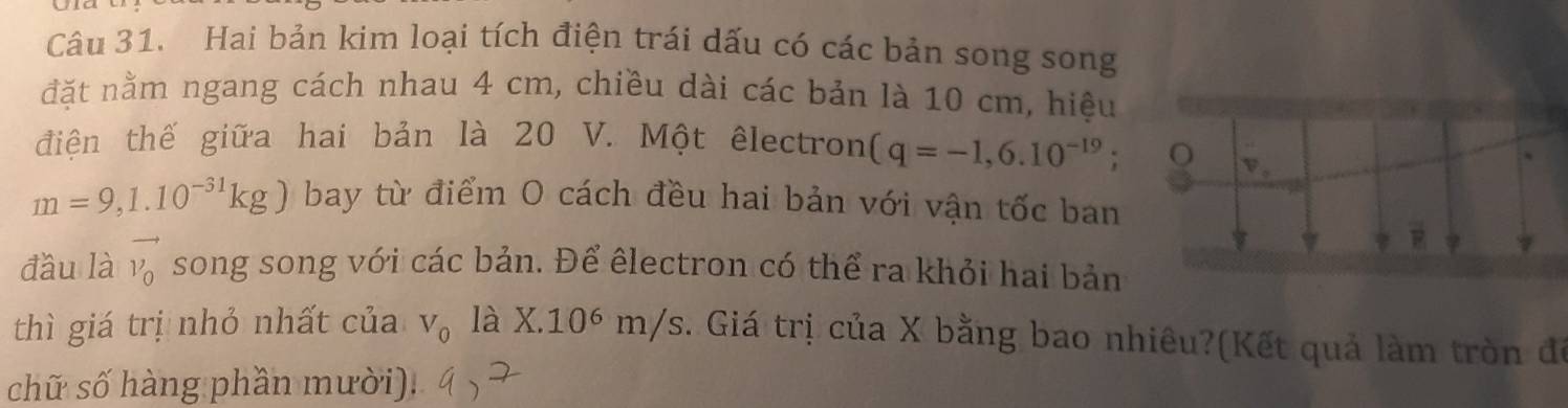 Hai bản kim loại tích điện trái dấu có các bản song song 
đặt nằm ngang cách nhau 4 cm, chiều dài các bản là 10 cm, hiệu 
điện thế giữa hai bản là 20 V. Một êlectron (q=-1,6.10^(-19);
m=9,1.10^(-31)kg) bay từ điểm O cách đều hai bản với vận tốc ban 
F 
đầu là vector v_0 song song với các bản. Để êlectron có thể ra khỏi hai bản 
thì giá trị nhỏ nhất của V_0 là X.10^6m/s c. Giá trị của X bằng bao nhiêu?(Kết quả làm tròn đề 
chữ số hàng phần mười).
