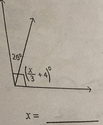 26°
( x/3 +4)^circ 
_
x=