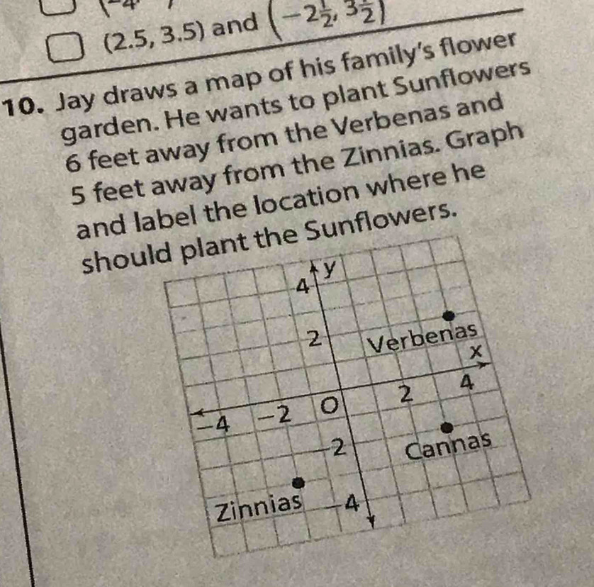 1^4
(2.5,3.5) and (-2 1/2 ,3 1/2 )
10. Jay draws a map of his family's flower 
garden. He wants to plant Sunflowers
6 feet away from the Verbenas and
5 feet away from the Zinnias. Graph 
and label the location where he 
shouSunflowers.