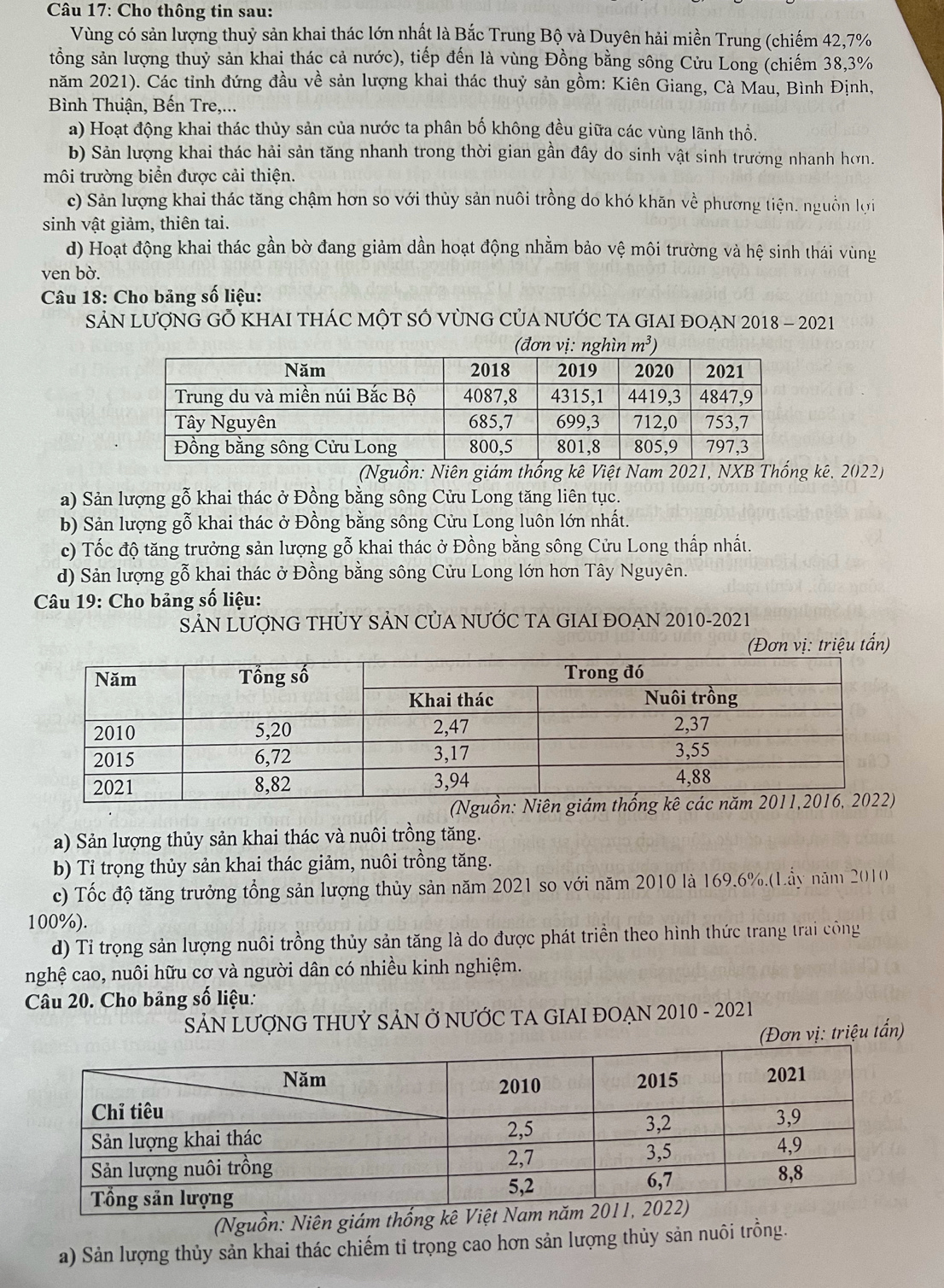 Cho thông tin sau:
Vùng có sản lượng thuỷ sản khai thác lớn nhất là Bắc Trung Bộ và Duyên hải miền Trung (chiếm 42,7%
tổồng sản lượng thuỷ sản khai thác cả nước), tiếp đến là vùng Đồng bằng sông Cửu Long (chiếm 38,3%
năm 2021). Các tỉnh đứng đầu về sản lượng khai thác thuỷ sản gồm: Kiên Giang, Cà Mau, Bình Định,
Bình Thuận, Bến Tre,...
a) Hoạt động khai thác thủy sản của nước ta phân bố không đều giữa các vùng lãnh thổ.
b) Sản lượng khai thác hải sản tăng nhanh trong thời gian gần đây do sinh vật sinh trưởng nhanh hơn.
môi trường biển được cải thiện.
c) Sản lượng khai thác tăng chậm hơn so với thủy sản nuôi trồng do khó khăn về phương tiện. nguồn lợi
sinh vật giảm, thiên tai.
d) Hoạt động khai thác gần bờ đang giảm dần hoạt động nhằm bảo vệ môi trường và hệ sinh thái vùng
ven bờ.
Câu 18: Cho bảng số liệu:
SảN LượNG GÕ KHAI THÁC MỘT SỐ VỦNG CủA NƯỚC TA GIAI ĐOẠN 2018 - 2021
(đơn vị: nghìn m^3)
(Nguồn: Niên giám thống kê Việt Nam 2021, NXB Thống kê, 2022)
a) Sản lượng gỗ khai thác ở Đồng bằng sông Cửu Long tăng liên tục.
b) Sản lượng gỗ khai thác ở Đồng bằng sông Cửu Long luôn lớn nhất.
c) Tốc độ tăng trưởng sản lượng gỗ khai thác ở Đồng bằng sông Cửu Long thấp nhất.
d) Sản lượng gỗ khai thác ở Đồng bằng sông Cửu Long lớn hơn Tây Nguyên.
Câu 19: Cho bảng số liệu:
SảN LượNG tHỦY SảN CủA NƯỚC TA GIAI đOẠN 2010-2021
(Đơn vị: triệu tấn)
a) Sản lượng thủy sản khai thác và nuôi trồng tăng.
b) Tỉ trọng thủy sản khai thác giảm, nuôi trồng tăng.
c) Tốc độ tăng trưởng tổng sản lượng thủy sản năm 2021 so với năm 2010 là 169.6%.(L.ầy năm 2010
100%).
d) Tỉ trọng sản lượng nuôi trồng thủy sản tăng là do được phát triển theo hình thức trang trai công
nghệ cao, nuôi hữu cơ và người dân có nhiều kinh nghiệm.
Câu 20. Cho bảng số liệu:
SẢN LƯợNG THUỶ SẢN Ở NƯỚC TA GIAI ĐOẠN 2010 - 2021
(Đơn vị: triệu tấn)
(Nguồn: Niên giám thống kê 
a) Sản lượng thủy sản khai thác chiếm tỉ trọng cao hơn sản lượng thủy sản nuôi trồng.