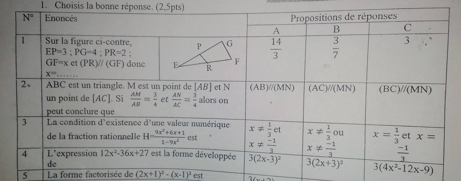 Choisis la bonne réponse. (2,5pts)
5 La forme factorisée de (2x+1)^2-(x-1)^2est
2(