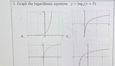 Graph the logarithmic equation y=log _2(x+3). 
A.