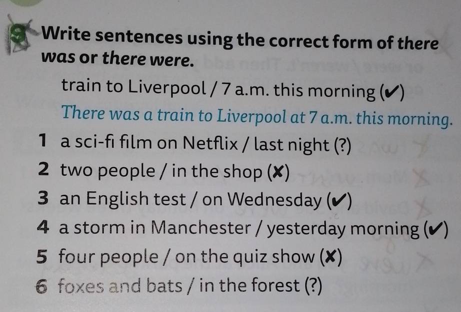 Write sentences using the correct form of there 
was or there were. 
train to Liverpool / 7 a.m. this morning (✔) 
There was a train to Liverpool at 7 a.m. this morning. 
1 a sci-fi film on Netflix / last night (?) 
2 two people / in the shop (✘) 
3 an English test / on Wednesday (✔) 
4 a storm in Manchester / yesterday morning (✔) 
5 four people / on the quiz show (✘) 
6 foxes and bats / in the forest (?)