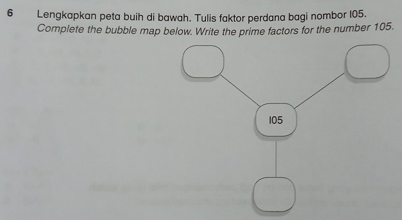 Lengkapkan peta buih di bawah. Tulis faktor perdana bagi nombor 105. 
Complete the bubble map below. Write the prime factors for the number 105.