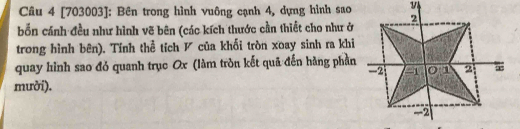 [703003]: Bên trong hình vuông cạnh 4, dựng hình sao 
bốn cánh đều như hình vẽ bên (các kích thước cần thiết cho như ở 
trong hình bên). Tính thể tích ◤ của khối tròn xoay sinh ra khi 
quay hình sao đỏ quanh trục Ox (làm tròn kết quã đến hàng phần 
mười).