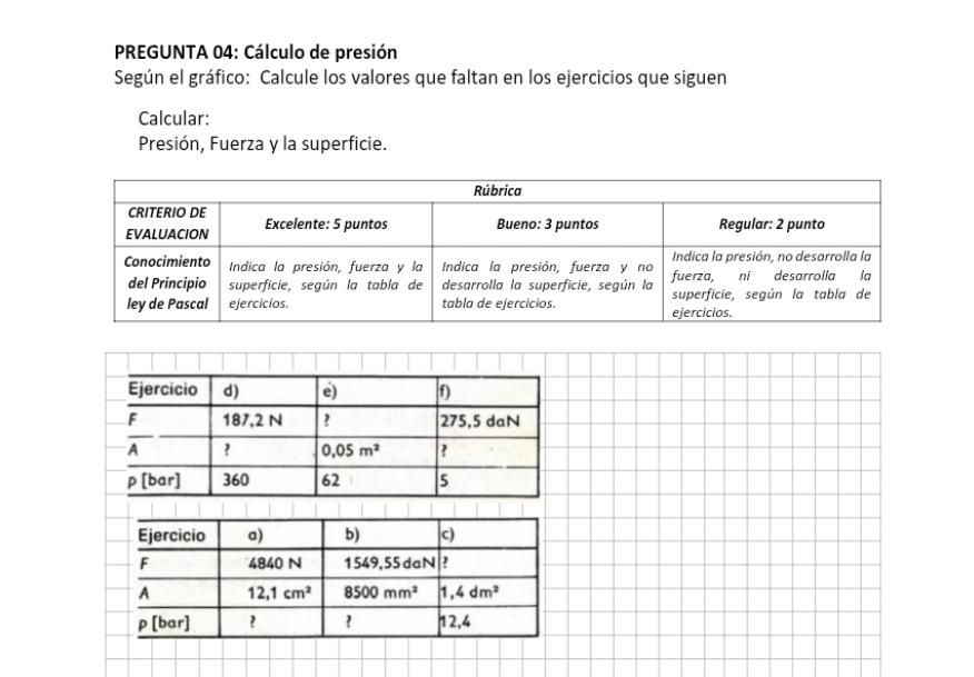 PREGUNTA 04: Cálculo de presión
Según el gráfico: Calcule los valores que faltan en los ejercicios que siguen
Calcular:
Presión, Fuerza y la superficie.