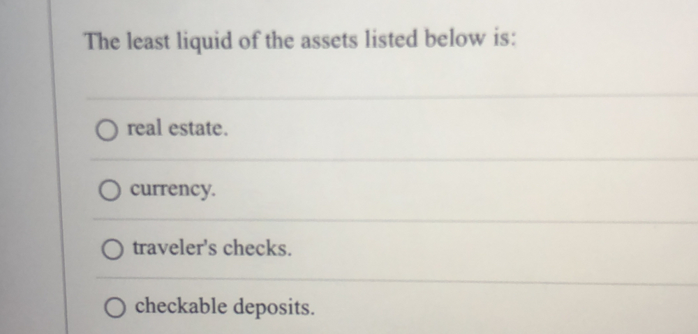 The least liquid of the assets listed below is:
real estate.
currency.
traveler's checks.
checkable deposits.