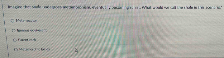 Imagine that shale undergoes metamorphism, eventually becoming schist. What would we call the shale in this scenario?
Meta-reactor
Igneous equivalent
Parent rock
Metamorphic facies