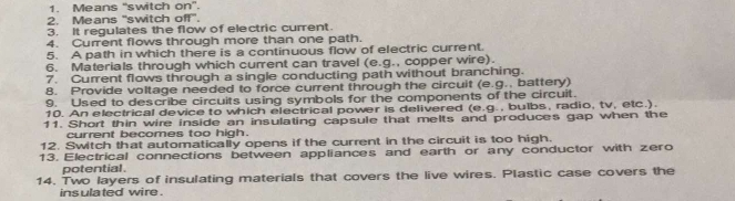 Means “switch on”. 
2. Means 'switch off". 
3. It regulates the flow of electric current. 
4. Current flows through more than one path. 
5. A path in which there is a continuous flow of electric current. 
6. Materials through which current can travel (e.g., copper wire). 
7. Current flows through a single conducting path without branching. 
8. Provide voltage needed to force current through the circuit (e.g., battery) 
9. Used to describe circuits using symbols for the components of the circuit. 
10. An electrical device to which electrical power is delivered (e.g., bulbs, radio, tv, etc.). 
11. Short thin wire inside an insulating capsule that melts and produces gap when the 
current becomes too high. 
12. Switch that automatically opens if the current in the circuit is too high. 
13. Electrical connections between appliances and earth or any conductor with zero 
potential. 
14. Two layers of insulating materials that covers the live wires. Plastic case covers the 
insulated wire .