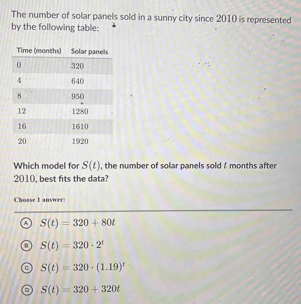 The number of solar panels sold in a sunny city since 2010 is represented
by the following table:
Which model for S(t) , the number of solar panels sold t months after
2010, best fts the data?
Choose 1 answer:
A S(t)=320+80t
S(t)=320· 2^t
S(t)=320· (1.19)^t
S(t)=320+320t