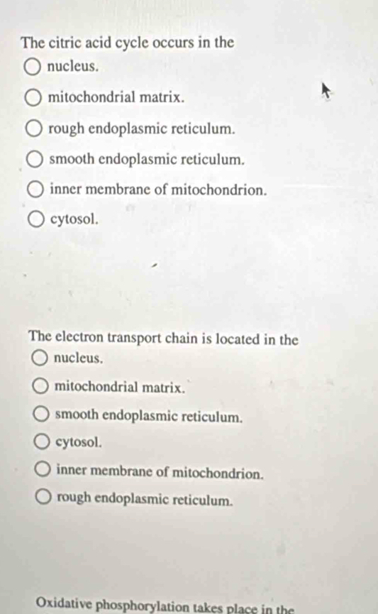 The citric acid cycle occurs in the
nucleus.
mitochondrial matrix.
rough endoplasmic reticulum.
smooth endoplasmic reticulum.
inner membrane of mitochondrion.
cytosol.
The electron transport chain is located in the
nucleus.
mitochondrial matrix.
smooth endoplasmic reticulum.
cytosol.
inner membrane of mitochondrion.
rough endoplasmic reticulum.
Oxidative phosphorylation takes place in the