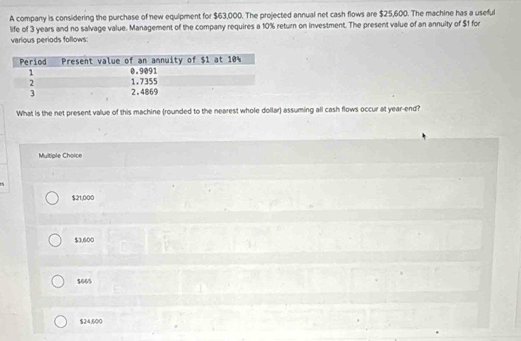 A company is considering the purchase of new equipment for $63,000. The projected annual net cash flows are $25,600. The machine has a useful
life of 3 years and no salvage value. Management of the company requires a 10% return on investment. The present value of an annuity of $1 for
various periods follows:
What is the net present value of this machine (rounded to the nearest whole dollar) assuming all cash flows occur at year -end?
Multiple Choice
5
$21,000
$3,600
$665
$24,600