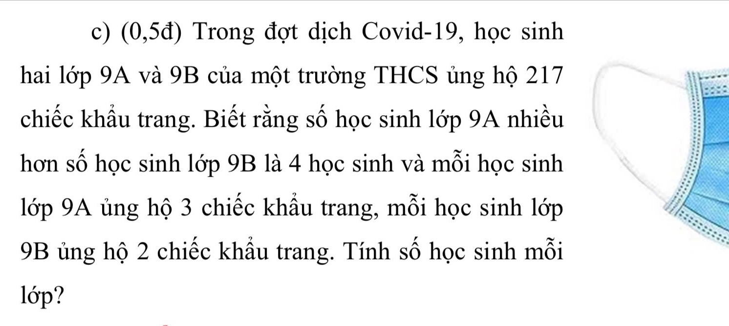 (0,5đ) Trong đợt dịch Covid- 19, học sinh 
hai lớp 9A và 9B của một trường THCS ủng hộ 217
chiếc khẩu trang. Biết rằng số học sinh lớp 9A nhiều 
hơn số học sinh lớp 9B là 4 học sinh và mỗi học sinh 
lớp 9A ủng hộ 3 chiếc khẩu trang, mỗi học sinh lớp
9B ủng hộ 2 chiếc khẩu trang. Tính số học sinh mỗi 
lớp?