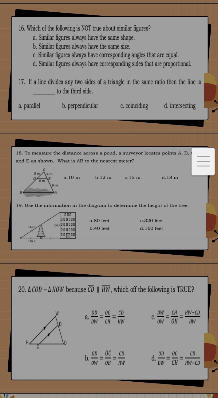 Which of the following is NOT true about similar figures?
a. Similar figures always have the same shape.
b. Similar figures always have the same size.
c. Similar figures always have corresponding angles that are equal.
d. Similar figures always have corresponding sides that are proportional.
17. If a line divides any two sides of a triangle in the same ratio then the line is
_to the third side.
a. parallel b. perpendicular c. coinciding d. intersecting
18. To measure the distance across a pond, a surveyor locates points A, B,
and E as shown. What is AB to the nearest meter?
_
_
a. 10 m b. 12 m c. 15 m d. 18 m
19. Use the information in the diagram to determine the height of the tree.
a. 80 feet c. 320 feet
b. 40 feet d. 160 feet
20. Δ COD ~ Δ HOW because overline CDparallel overline HW, , which off the following is TRUE?
 OD/DW = OC/CH = CD/HW  C.  DW/OW = CH/OH = (HW-CD)/HW 
a.
b.  OD/OW = OC/OH = CD/HW  d.  OD/DW = OC/CH = CD/HW-CD 