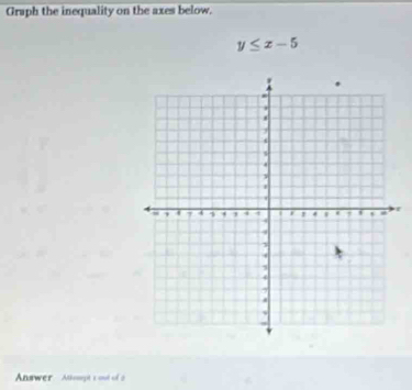 Graph the inequality on the axes below.
y≤ x-5
r 
Answer Atkoseyt's ad of a