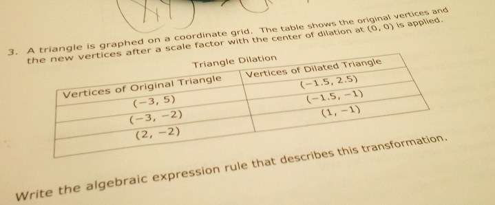 angle is graphed on a coordinate grid. The table shows the original vertices and
scale factor with the center of dilation at (0,0) is applied.
Write the algebraic expression rule that