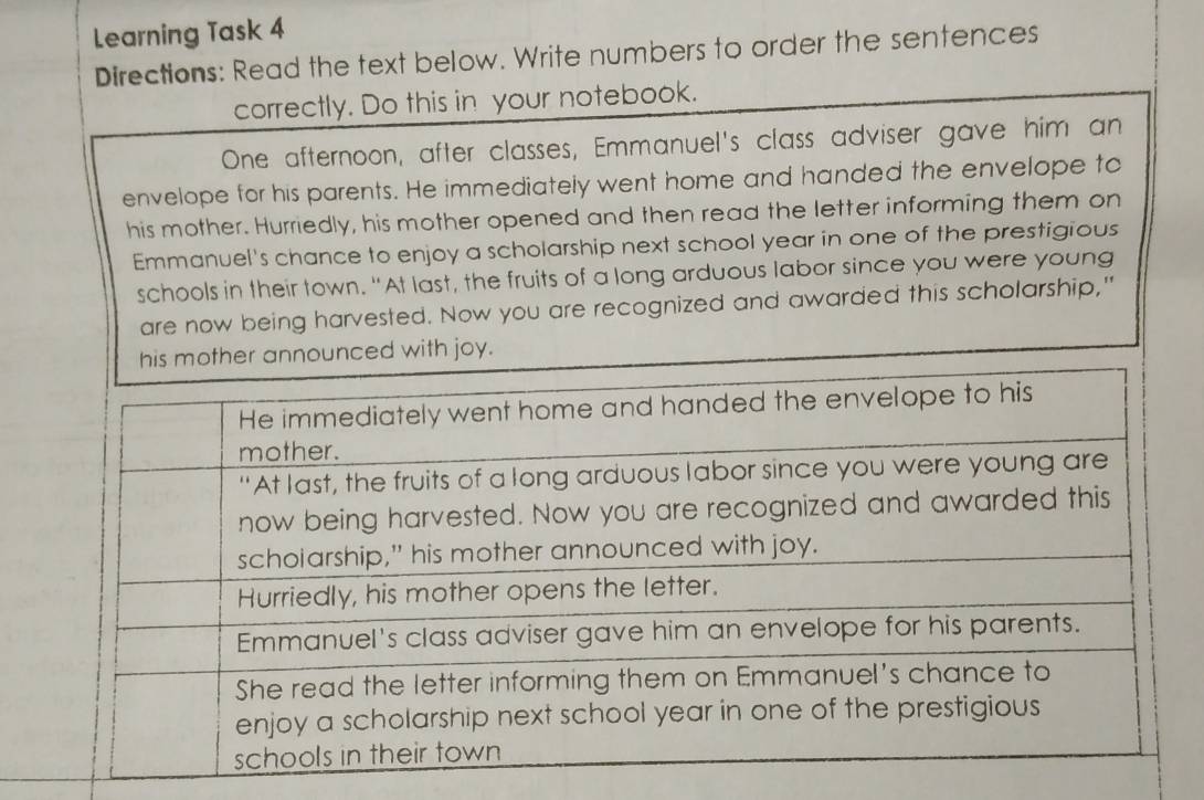 Learning Task 4 
Directions: Read the text below. Write numbers to order the sentences 
correctly. Do this in your notebook. 
One afternoon, after classes, Emmanuel's class adviser gave him an 
envelope for his parents. He immediately went home and handed the envelope to 
his mother. Hurriedly, his mother opened and then read the letter informing them on 
Emmanuel's chance to enjoy a scholarship next school year in one of the prestigious 
schools in their town. "At last, the fruits of a long arduous labor since you were young 
are now being harvested. Now you are recognized and awarded this scholarship," 
with joy.