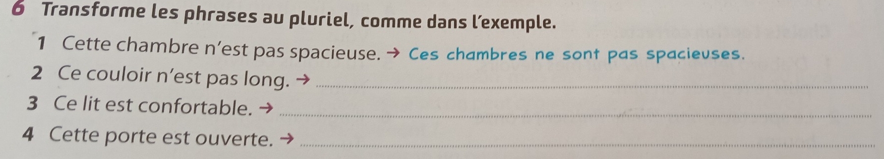 Transforme les phrases au pluriel, comme dans lexemple. 
1 Cette chambre n’est pas spacieuse. → Ces chambres ne sont pas spacievses. 
2 Ce couloir n’est pas long._ 
3 Ce lit est confortable._ 
4 Cette porte est ouverte._