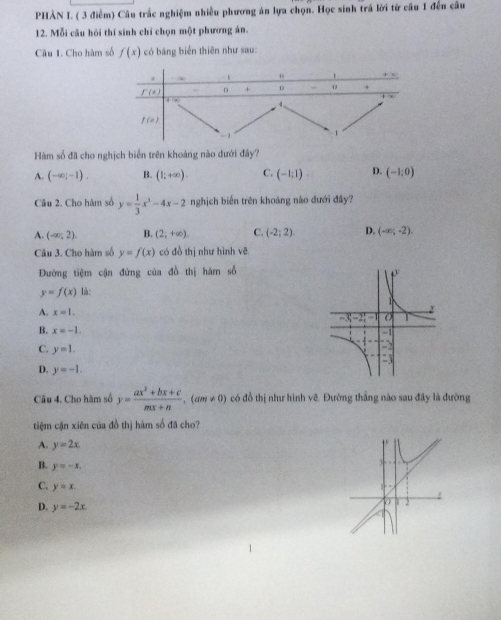 PHÀN I. ( 3 điễm) Câu trắc nghiệm nhiều phương án lựa chọn. Học sinh trá lời tứ câu 1 đến câu
12. Mỗi câu hỏi thí sinh chỉ chọn một phương án.
Câu 1. Cho hàm số f(x) có bảng biển thiên như sau:
Hàm số đã cho nghịch biển trên khoảng nào dưới đây?
A. (-∈fty ;-1). B. (1;+∈fty ). C. (-1:1). D. (-1;0)
Câu 2. Cho hàm số y= 1/3 x^3-4x-2 nghịch biến trên khoáng nào dưới đây?
A. (-∈fty ;2). B. (2;+∈fty ). C. (-2;2). D. (-∈fty ;-2).
Cầu 3. Cho hàm số y=f(x) có đồ thị như hình vẽ
Đường tiệm cận đứng của đồ thị hàm số
y=f(x) Ià:
A. x=1.
B. x=-1.
C. y=1.
D. y=-1.
Câu 4, Cho hàm số y= (ax^2+bx+c)/mx+n ,(am!= 0) có đồ thị như hình vẽ. Đường thắng nào sau đây là đường
tiệm cận xiên của đồ thị hàm số đã cho?
A. y=2x.
B. y=-x.
C. y=x.
D. y=-2x.
0 2