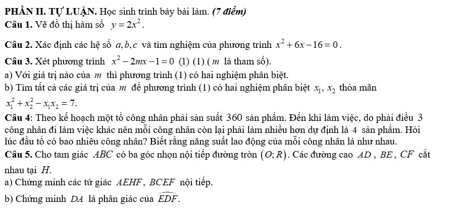 PHÂN II. Tự LUẠN. Học sinh trình bày bài làm. (7 điểm) 
Câu 1. Vẽ đồ thị hàm số y=2x^2. 
Câu 2. Xác định các hệ số a, b, c và tìm nghiệm của phương trình x^2+6x-16=0. 
Câu 3. Xét phương trình x^2-2mx-1=0 (1) (1) (m là tham số). 
a) Với giá trị nào của m thì phương trình (1) có hai nghiệm phân biệt. 
b) Tìm tất cả các giá trị của m để phương trình (1) có hai nghiệm phân biệt x_1, x_2 thỏa mãn
x_1^(2+x_2^2-x_1)x_2=7. 
Câu 4: Theo kế hoạch một tổ công nhân phải sản suất 360 sản phẩm. Đến khi làm việc, do phải điều 3 
công nhân đi làm việc khác nên mỗi công nhân còn lại phải làm nhiều hơn dự định là 4 sản phẩm. Hỏi 
lúc đầu tổ có bao nhiêu công nhân? Biết rằng năng suất lao động của mỗi công nhân là như nhau. 
Câu 5. Cho tam giác ABC có ba góc nhọn nội tiếp đường tròn (O;R) Các đường cao AD , BE , CF cắt 
nhau tại H. 
a) Chứng minh các tứ giác AEHF , BCEF nội tiếp. 
b) Chứng minh DA là phân giác của widehat EDF.