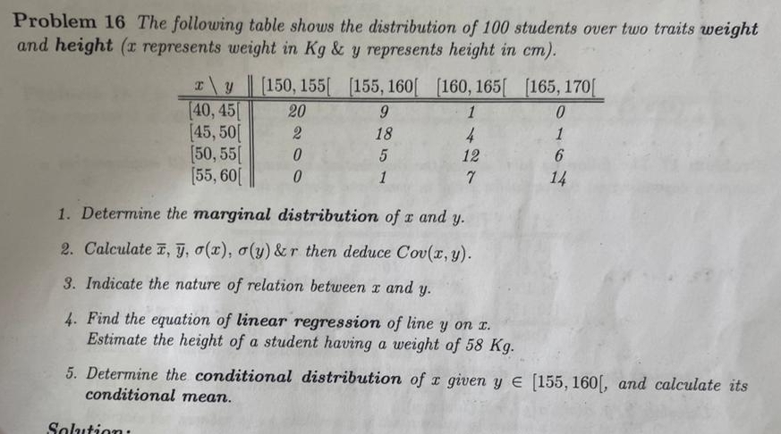 Problem 16 The following table shows the distribution of 100 students over two traits weight
and height (x represents weight in Kg & y represents height in cm).
1. Determine the marginal distribution of x and y.
2. Calculate overline x,overline y,sigma (x),sigma (y) & r then deduce Cov (x,y).
3. Indicate the nature of relation between x and y.
4. Find the equation of linear regression of line y on x.
Estimate the height of a student having a weight of 58 Kg.
5. Determine the conditional distribution of x given y∈ [155,160[ ,and calculate its
conditional mean.
Solution