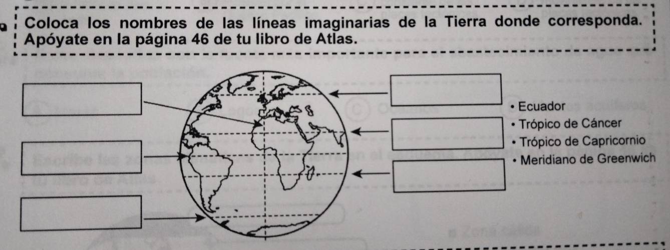 Coloca los nombres de las líneas imaginarias de la Tierra donde corresponda.
Apóyate en la página 46 de tu libro de Atlas.
• Ecuador
* Trópico de Cáncer
* Trópico de Capricornio
Meridiano de Greenwich