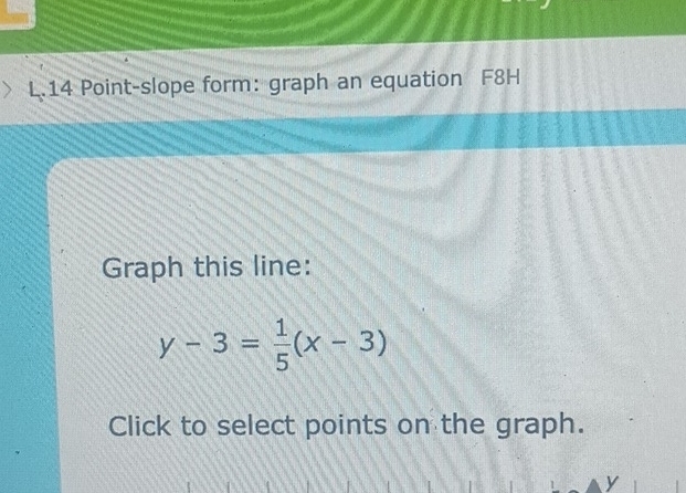 Point-slope form: graph an equation F8H 
Graph this line:
y-3= 1/5 (x-3)
Click to select points on the graph.