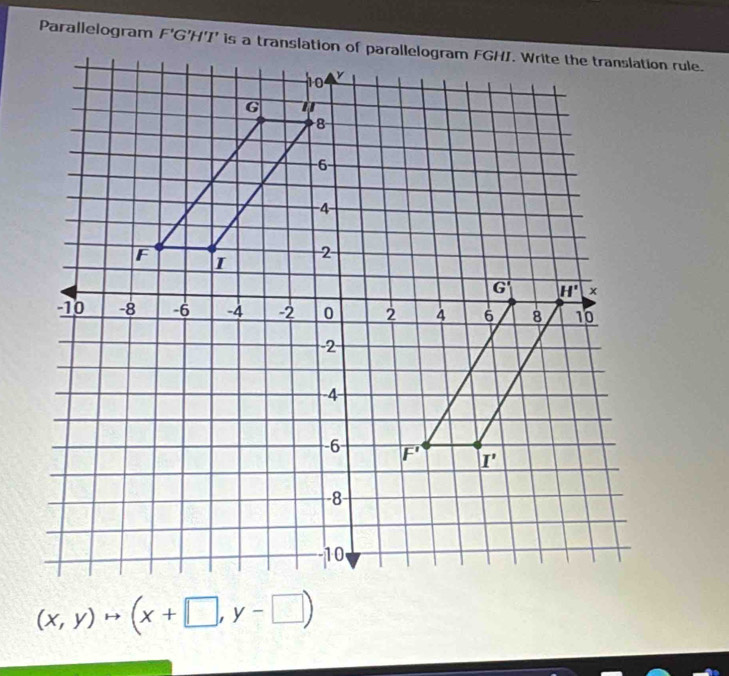 Parallelogram F'G'H'I'
(x,y)to (x+□ ,y-□ )