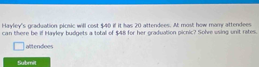 Hayley's graduation picnic will cost $40 if it has 20 attendees. At most how many attendees 
can there be if Hayley budgets a total of $48 for her graduation picnic? Solve using unit rates.
□ attendees 
Submit