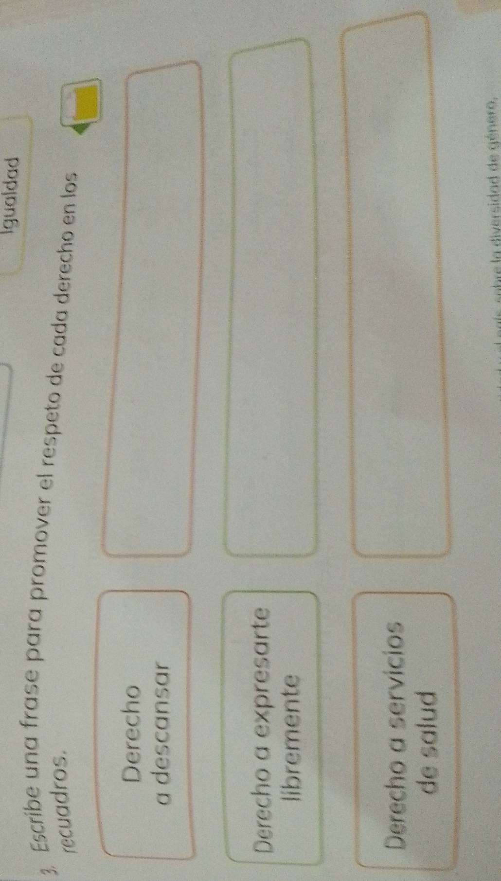 Igualdad
3. Escribe una frase para promover el respeto de cada derecho en los
recuadros.
Derecho
a descansar
Derecho a expresarte
libremente
Derecho a servicios
de salud
obre la diversidad de género,