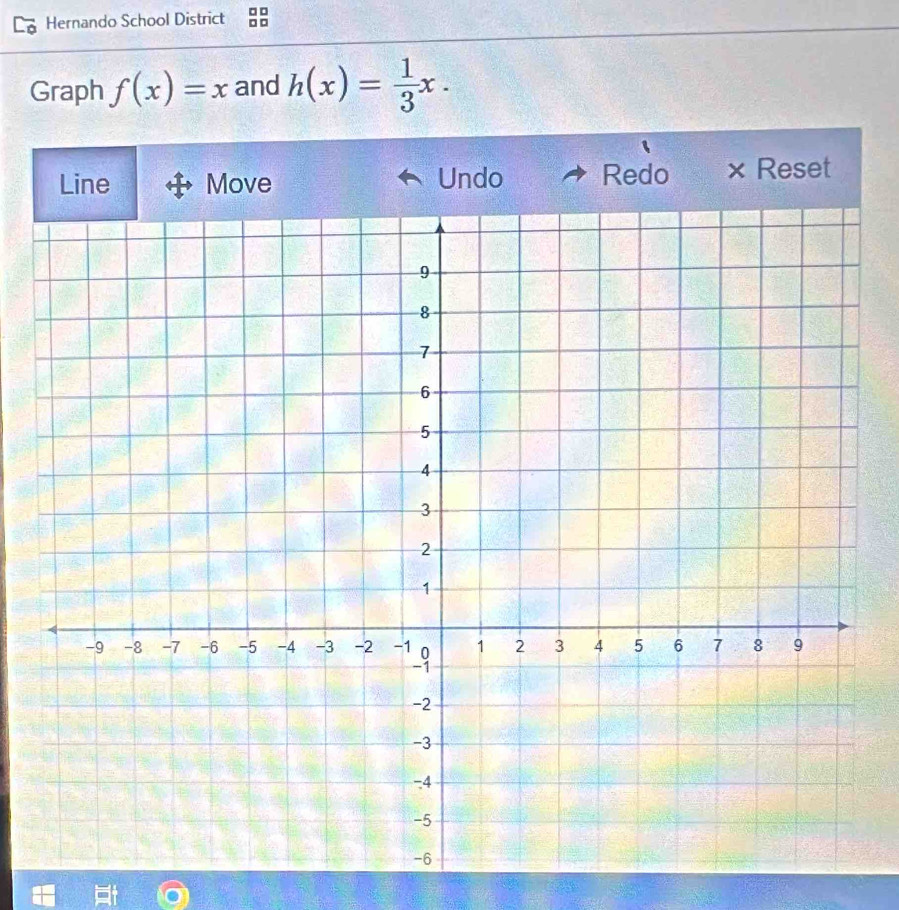 □□ 
Hernando School District □□ 
Graph f(x)=x and h(x)= 1/3 x. 
Line Move Undo Redo × Reset