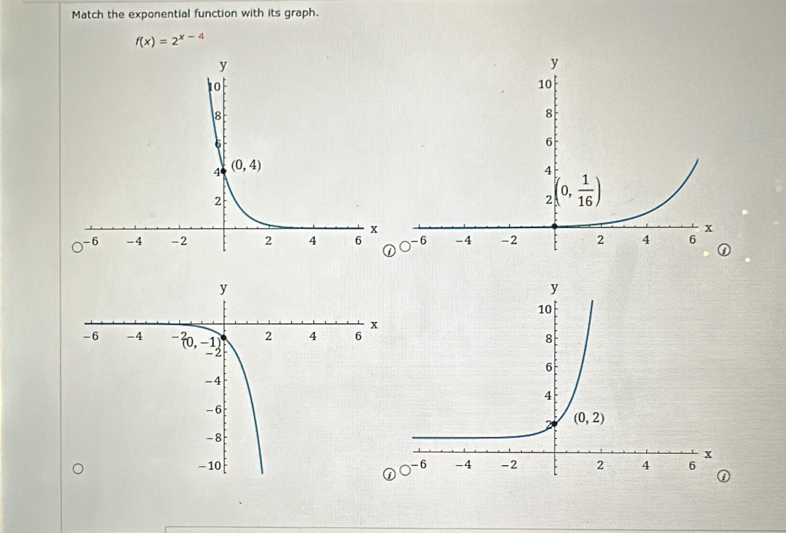 Match the exponential function with its graph.
f(x)=2^(x-4)